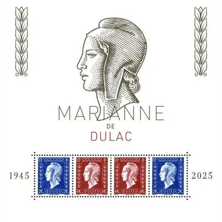 Sceau de Marianne de Dulac, avec des ses timbres en rouge et bleu, daté de 1945 et réédités en 2025.